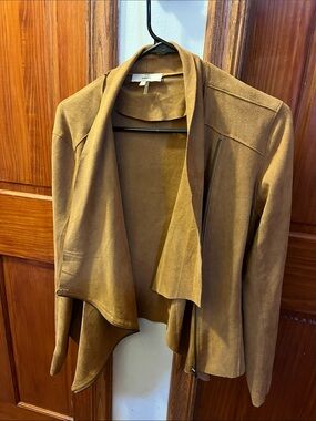 entro Suede-Look Camel Brown Draped Open Front Jacket
